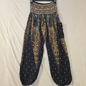 Harem Pants Large Women Black Peacock Feather Smocked Waist Boho
